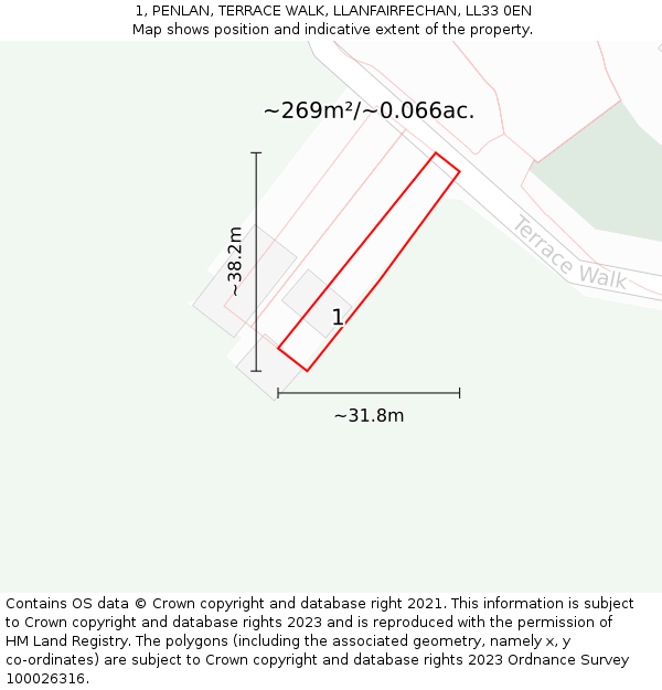 1, PENLAN, TERRACE WALK, LLANFAIRFECHAN, LL33 0EN: Plot and title map