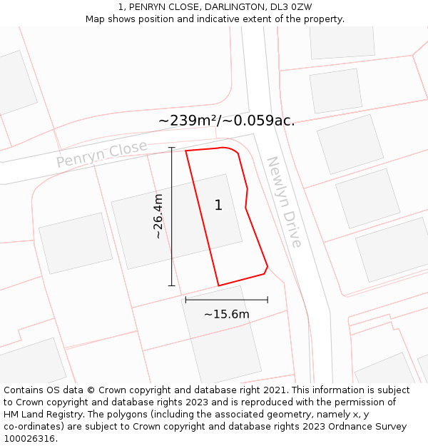 1, PENRYN CLOSE, DARLINGTON, DL3 0ZW: Plot and title map