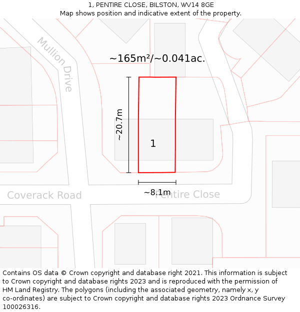 1, PENTIRE CLOSE, BILSTON, WV14 8GE: Plot and title map