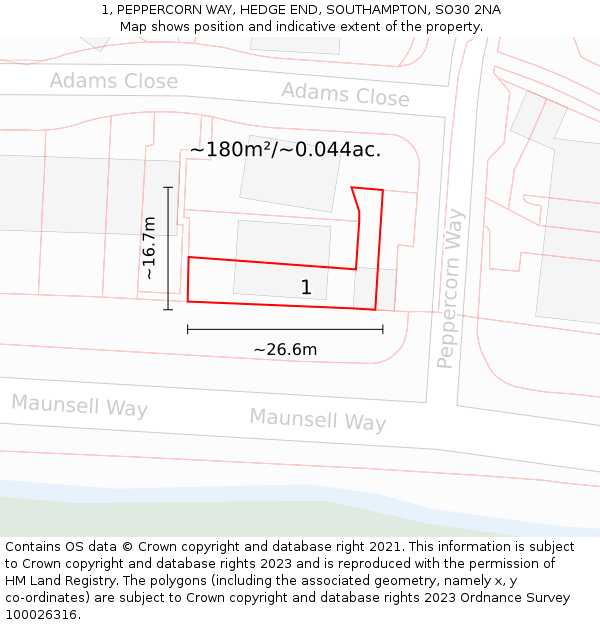 1, PEPPERCORN WAY, HEDGE END, SOUTHAMPTON, SO30 2NA: Plot and title map