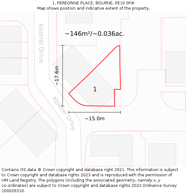 1, PEREGRINE PLACE, BOURNE, PE10 0FW: Plot and title map