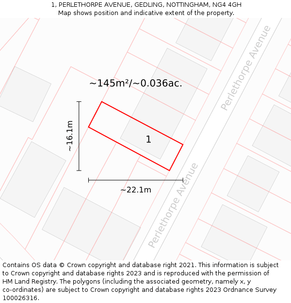 1, PERLETHORPE AVENUE, GEDLING, NOTTINGHAM, NG4 4GH: Plot and title map