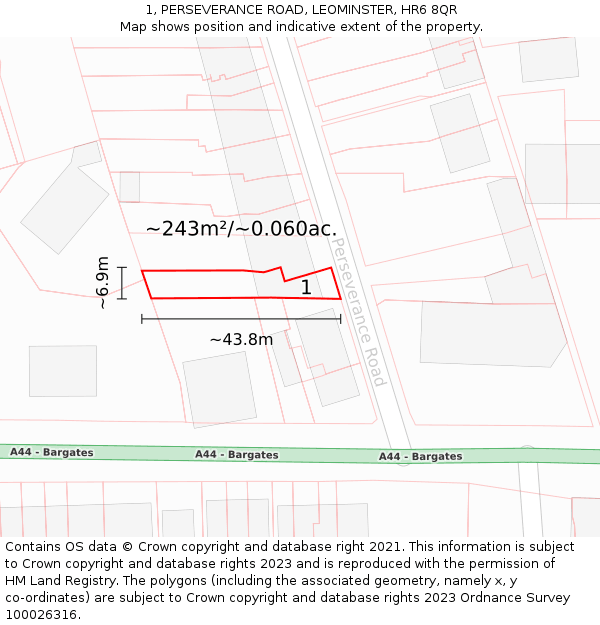 1, PERSEVERANCE ROAD, LEOMINSTER, HR6 8QR: Plot and title map