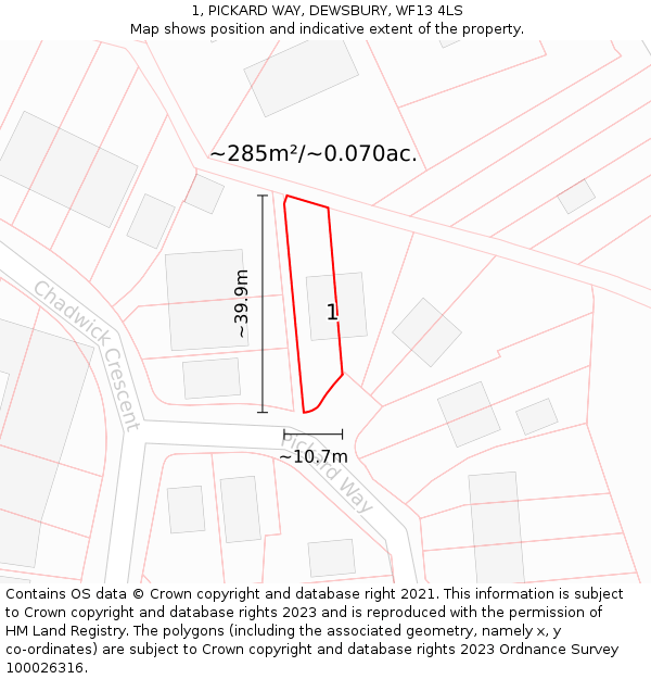 1, PICKARD WAY, DEWSBURY, WF13 4LS: Plot and title map