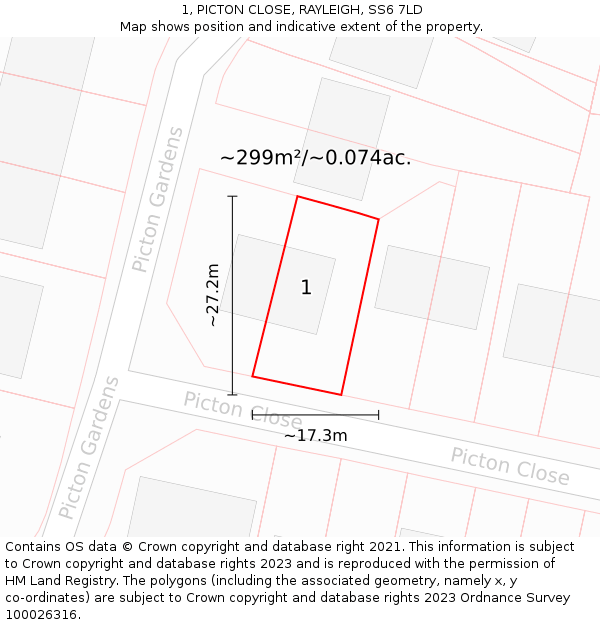 1, PICTON CLOSE, RAYLEIGH, SS6 7LD: Plot and title map