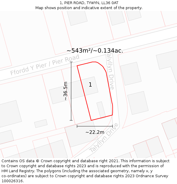 1, PIER ROAD, TYWYN, LL36 0AT: Plot and title map