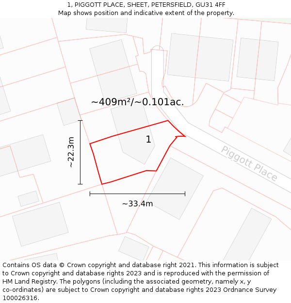 1, PIGGOTT PLACE, SHEET, PETERSFIELD, GU31 4FF: Plot and title map