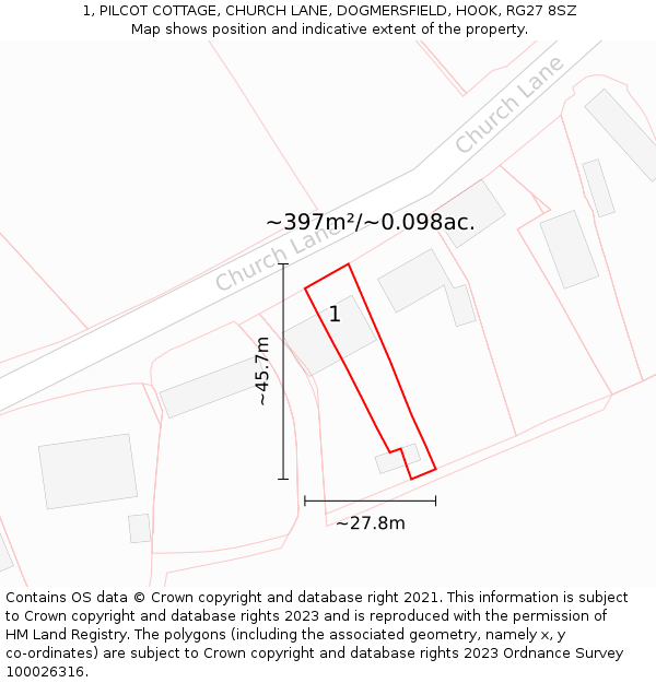 1, PILCOT COTTAGE, CHURCH LANE, DOGMERSFIELD, HOOK, RG27 8SZ: Plot and title map