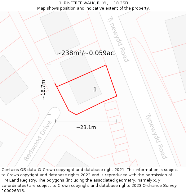 1, PINETREE WALK, RHYL, LL18 3SB: Plot and title map