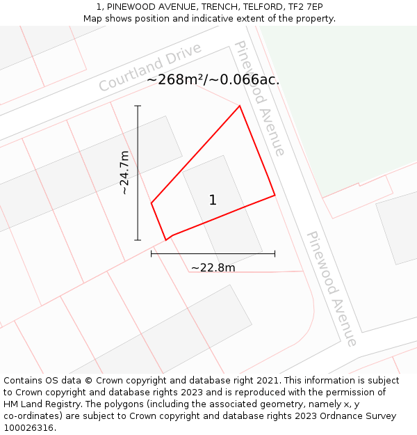 1, PINEWOOD AVENUE, TRENCH, TELFORD, TF2 7EP: Plot and title map