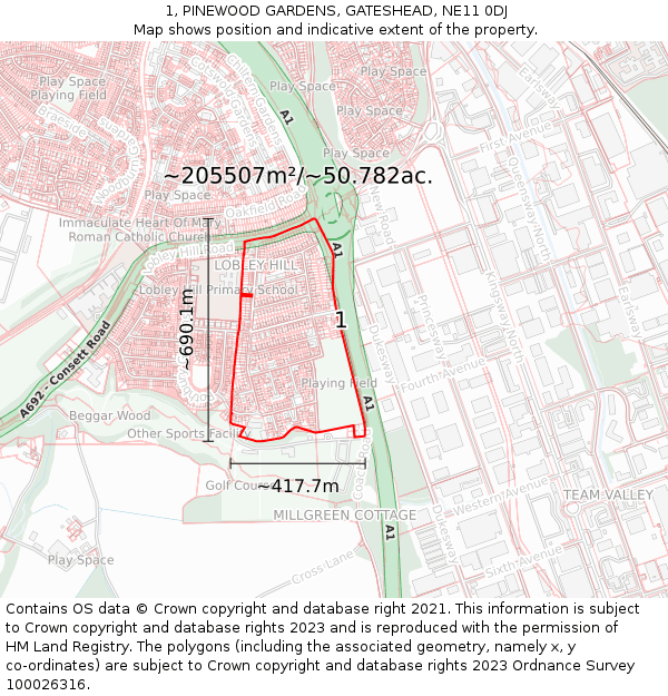 1, PINEWOOD GARDENS, GATESHEAD, NE11 0DJ: Plot and title map