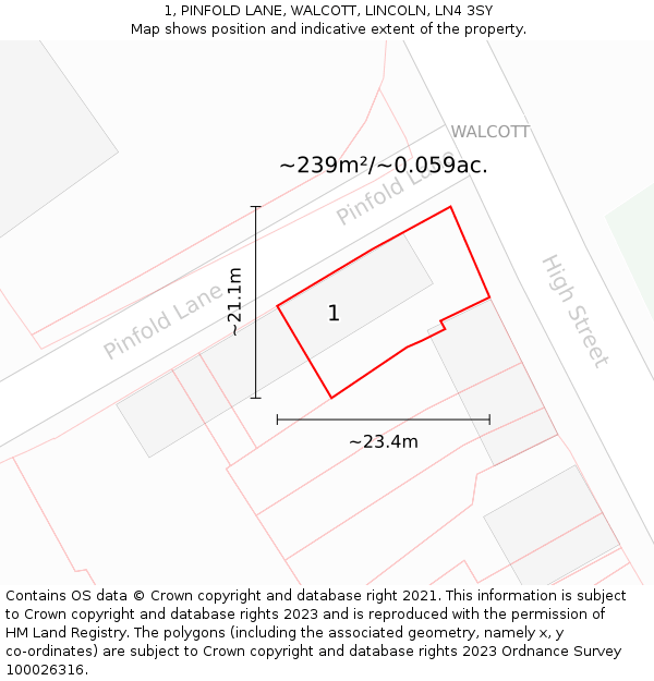 1, PINFOLD LANE, WALCOTT, LINCOLN, LN4 3SY: Plot and title map