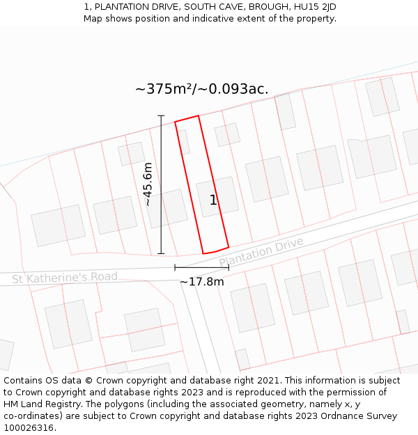 1, PLANTATION DRIVE, SOUTH CAVE, BROUGH, HU15 2JD: Plot and title map