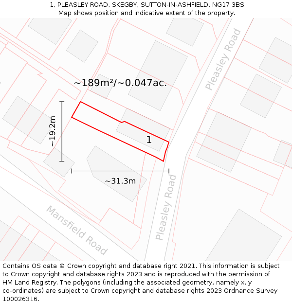 1, PLEASLEY ROAD, SKEGBY, SUTTON-IN-ASHFIELD, NG17 3BS: Plot and title map