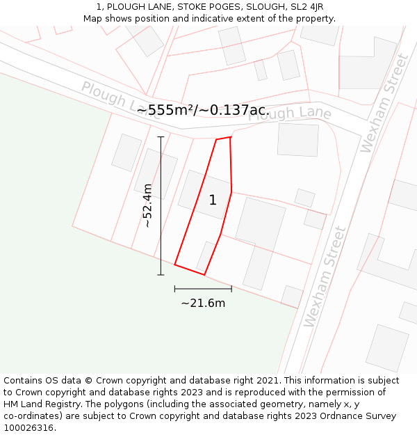 1, PLOUGH LANE, STOKE POGES, SLOUGH, SL2 4JR: Plot and title map