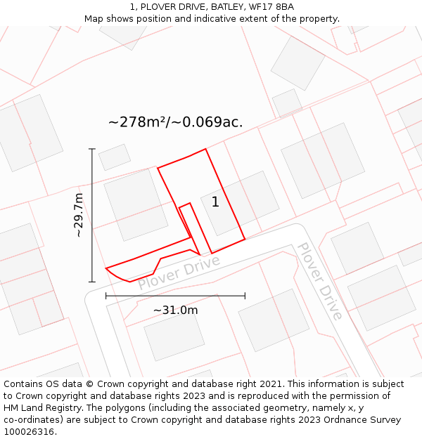 1, PLOVER DRIVE, BATLEY, WF17 8BA: Plot and title map