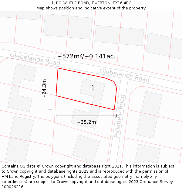 1, POLWHELE ROAD, TIVERTON, EX16 4EG: Plot and title map