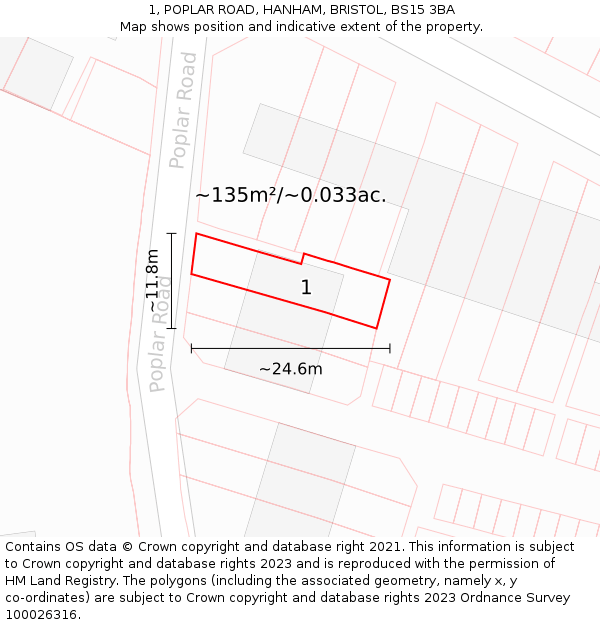 1, POPLAR ROAD, HANHAM, BRISTOL, BS15 3BA: Plot and title map