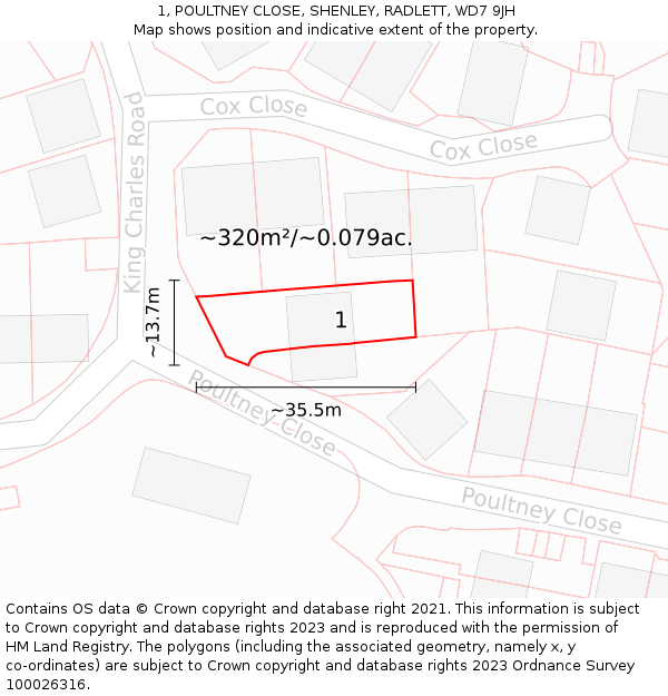 1, POULTNEY CLOSE, SHENLEY, RADLETT, WD7 9JH: Plot and title map