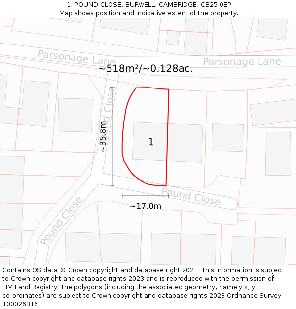 1, POUND CLOSE, BURWELL, CAMBRIDGE, CB25 0EP: Plot and title map