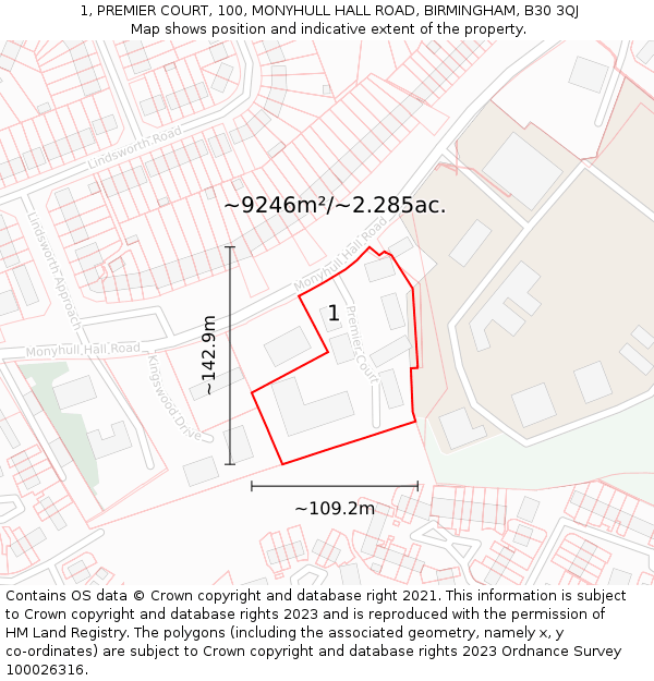 1, PREMIER COURT, 100, MONYHULL HALL ROAD, BIRMINGHAM, B30 3QJ: Plot and title map