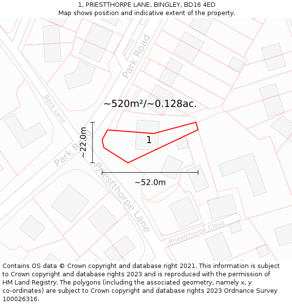 1, PRIESTTHORPE LANE, BINGLEY, BD16 4ED: Plot and title map