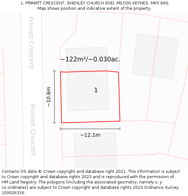 1, PRIMATT CRESCENT, SHENLEY CHURCH END, MILTON KEYNES, MK5 6AS: Plot and title map