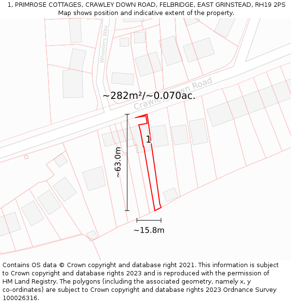 1, PRIMROSE COTTAGES, CRAWLEY DOWN ROAD, FELBRIDGE, EAST GRINSTEAD, RH19 2PS: Plot and title map