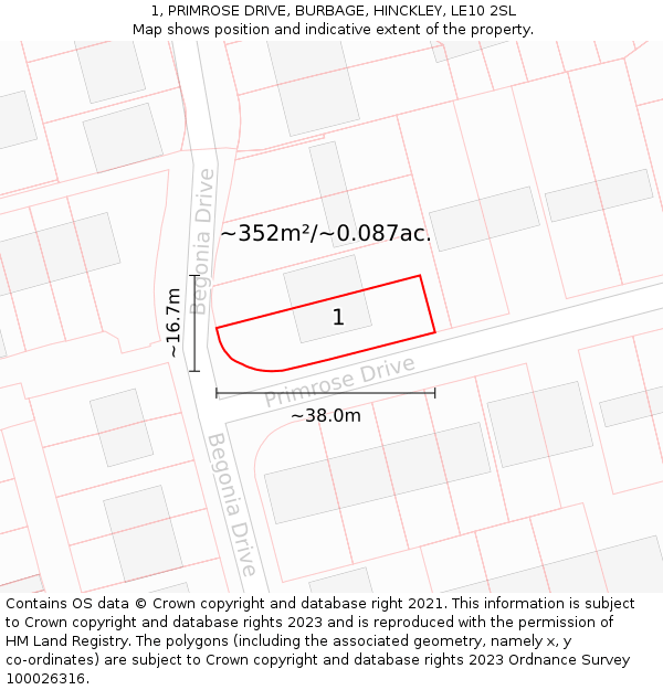 1, PRIMROSE DRIVE, BURBAGE, HINCKLEY, LE10 2SL: Plot and title map