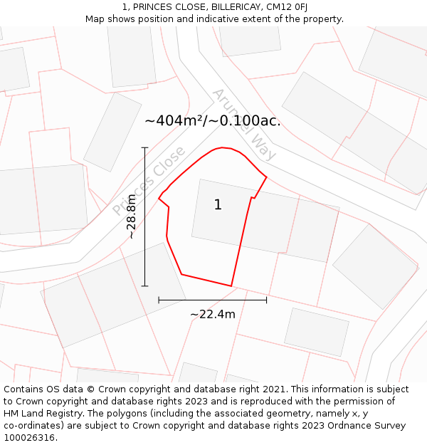 1, PRINCES CLOSE, BILLERICAY, CM12 0FJ: Plot and title map