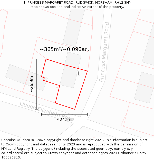 1, PRINCESS MARGARET ROAD, RUDGWICK, HORSHAM, RH12 3HN: Plot and title map