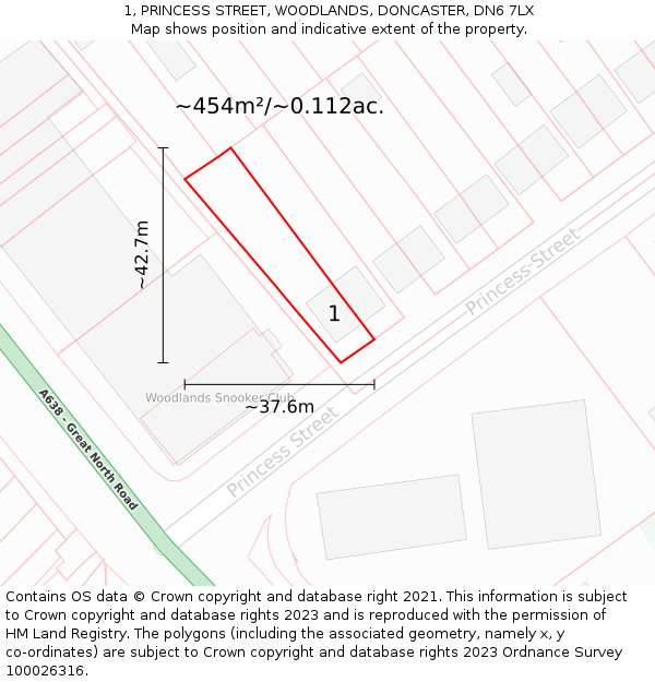 1, PRINCESS STREET, WOODLANDS, DONCASTER, DN6 7LX: Plot and title map