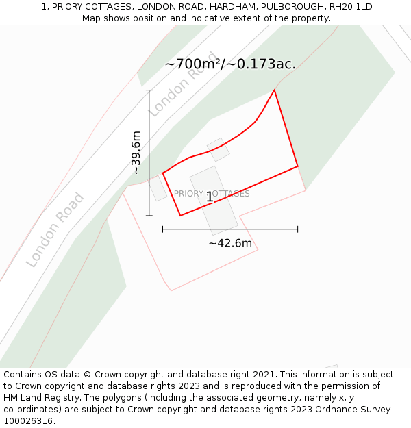1, PRIORY COTTAGES, LONDON ROAD, HARDHAM, PULBOROUGH, RH20 1LD: Plot and title map