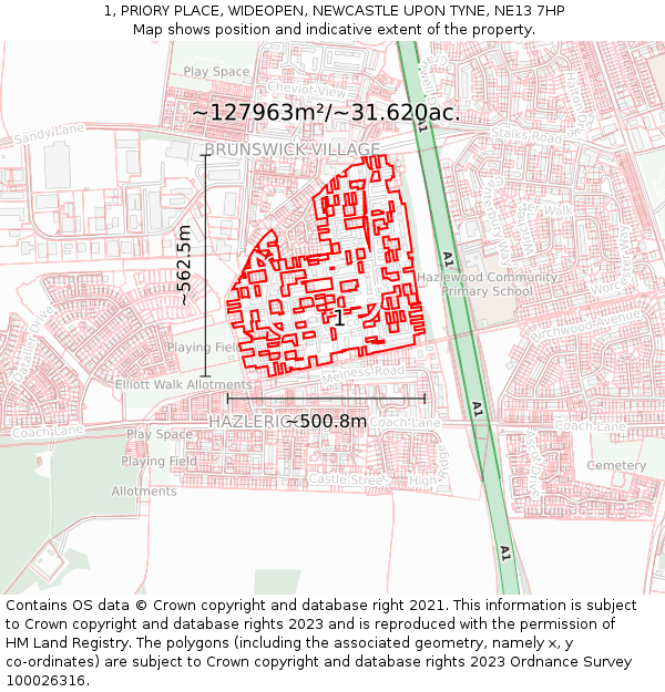 1, PRIORY PLACE, WIDEOPEN, NEWCASTLE UPON TYNE, NE13 7HP: Plot and title map