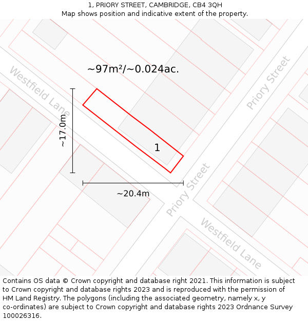 1, PRIORY STREET, CAMBRIDGE, CB4 3QH: Plot and title map