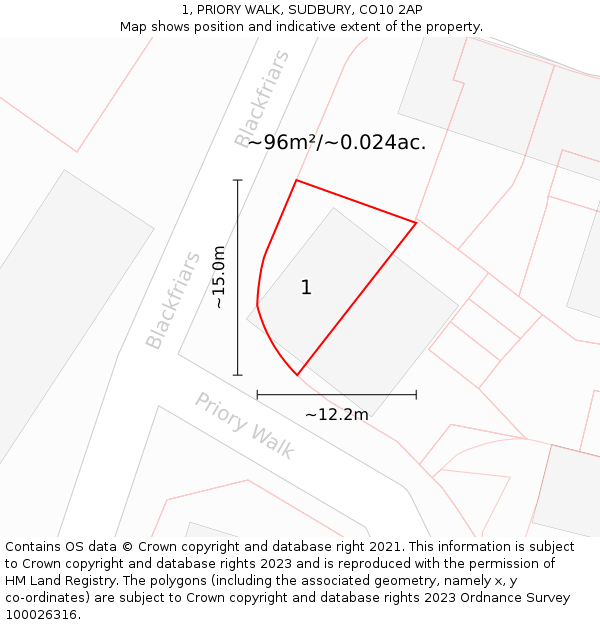 1, PRIORY WALK, SUDBURY, CO10 2AP: Plot and title map