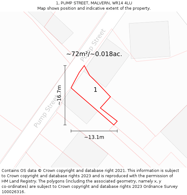 1, PUMP STREET, MALVERN, WR14 4LU: Plot and title map