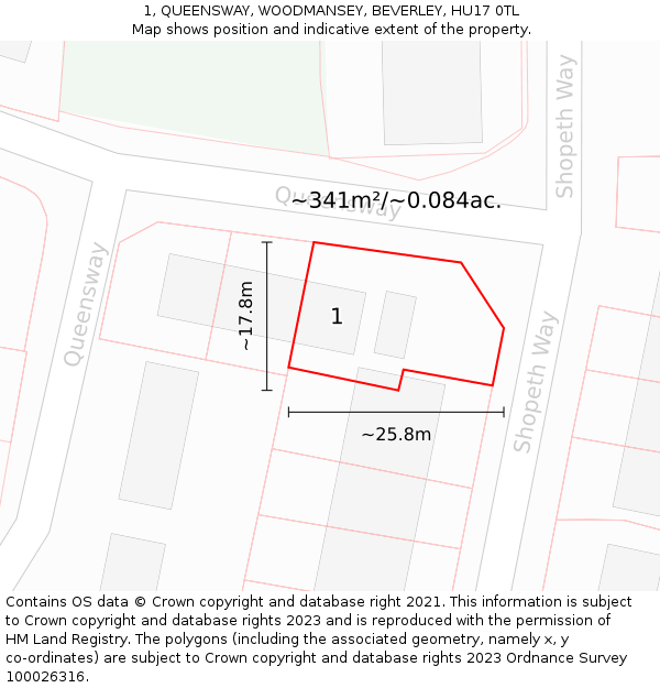 1, QUEENSWAY, WOODMANSEY, BEVERLEY, HU17 0TL: Plot and title map