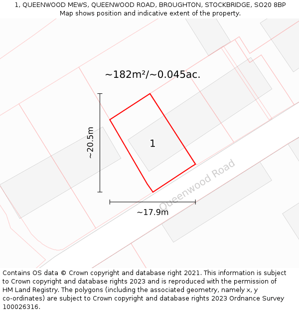 1, QUEENWOOD MEWS, QUEENWOOD ROAD, BROUGHTON, STOCKBRIDGE, SO20 8BP: Plot and title map