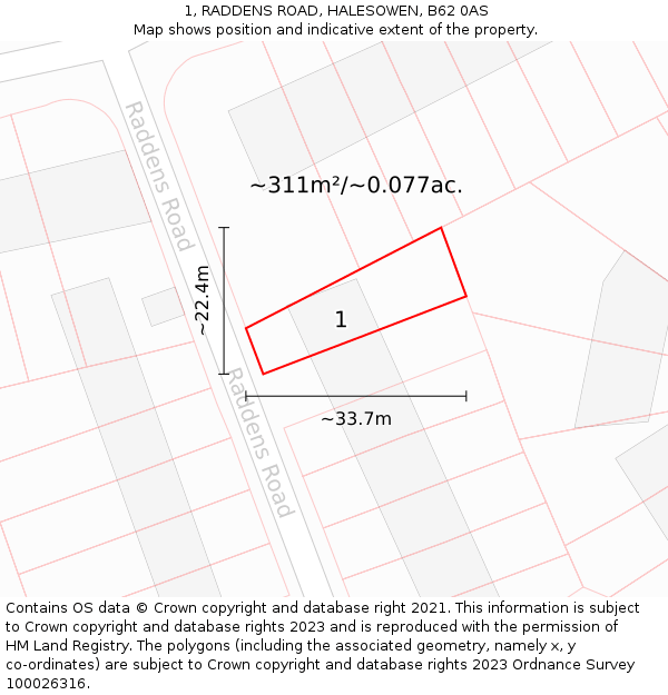 1, RADDENS ROAD, HALESOWEN, B62 0AS: Plot and title map