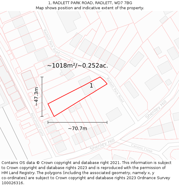 1, RADLETT PARK ROAD, RADLETT, WD7 7BG: Plot and title map