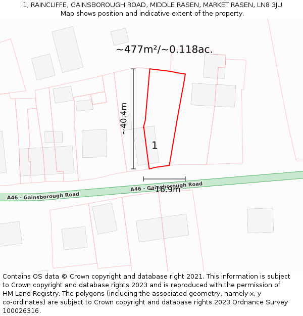 1, RAINCLIFFE, GAINSBOROUGH ROAD, MIDDLE RASEN, MARKET RASEN, LN8 3JU: Plot and title map