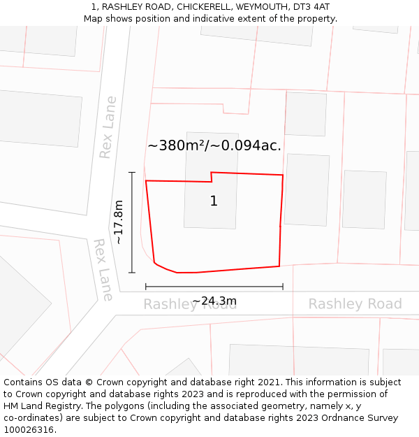 1, RASHLEY ROAD, CHICKERELL, WEYMOUTH, DT3 4AT: Plot and title map