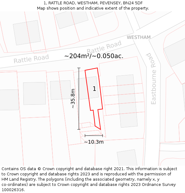 1, RATTLE ROAD, WESTHAM, PEVENSEY, BN24 5DF: Plot and title map