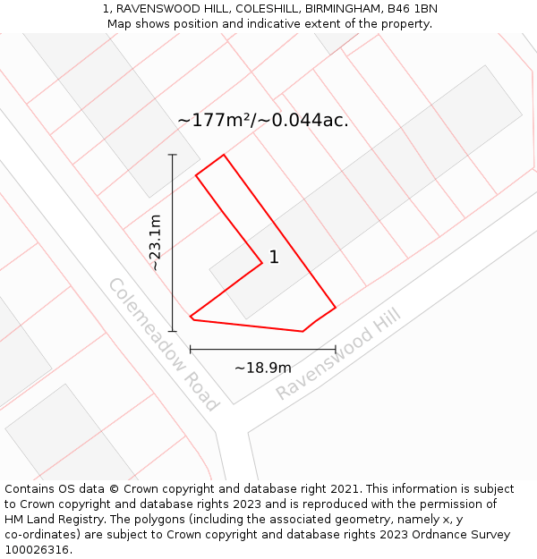 1, RAVENSWOOD HILL, COLESHILL, BIRMINGHAM, B46 1BN: Plot and title map