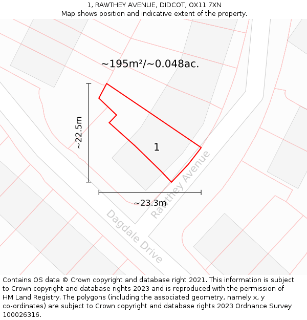 1, RAWTHEY AVENUE, DIDCOT, OX11 7XN: Plot and title map