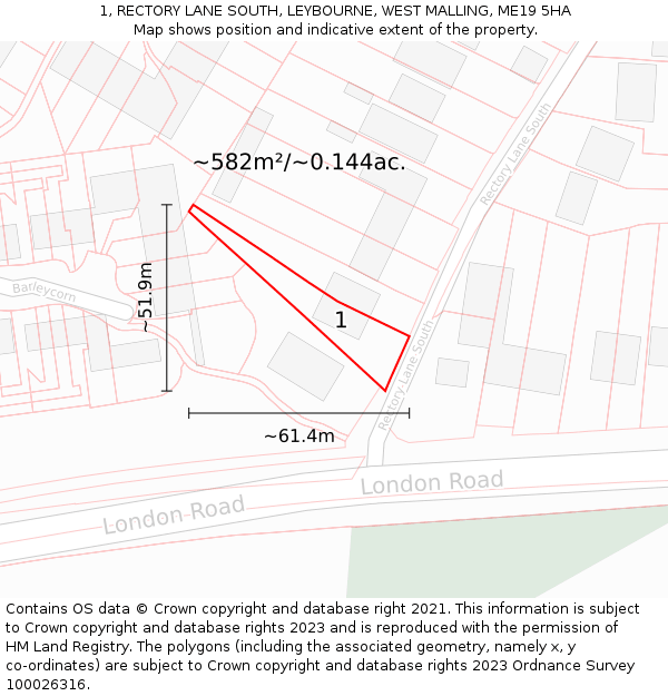 1, RECTORY LANE SOUTH, LEYBOURNE, WEST MALLING, ME19 5HA: Plot and title map