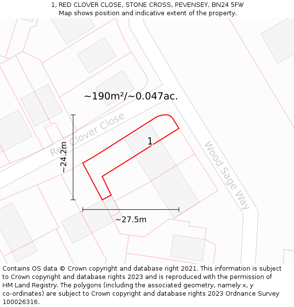 1, RED CLOVER CLOSE, STONE CROSS, PEVENSEY, BN24 5FW: Plot and title map