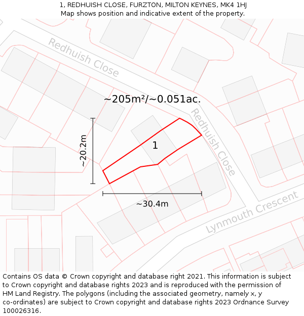 1, REDHUISH CLOSE, FURZTON, MILTON KEYNES, MK4 1HJ: Plot and title map