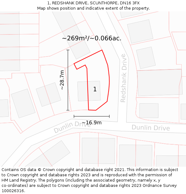 1, REDSHANK DRIVE, SCUNTHORPE, DN16 3FX: Plot and title map